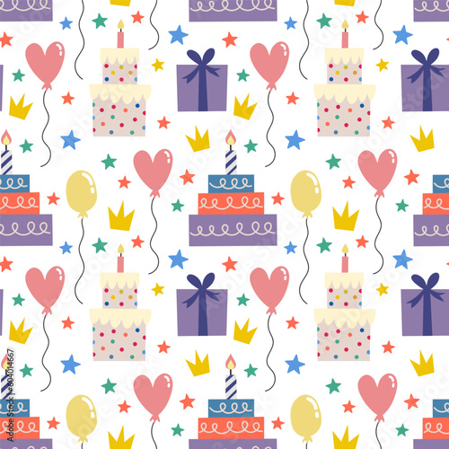  Seamless pattern with cakes and balloons Vector background with a birthday theme.