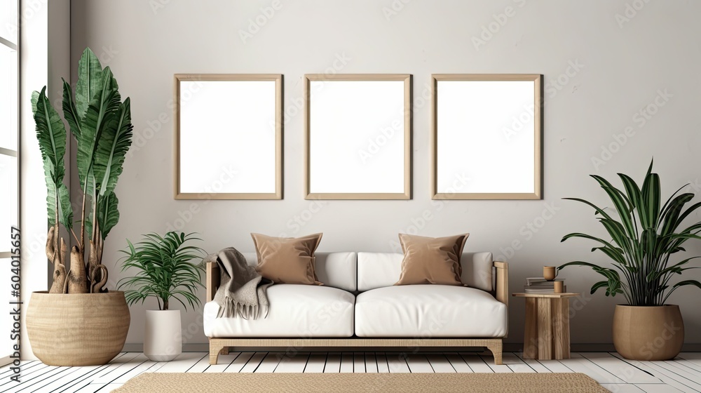 boho-inspired interior living room space with 3 mockup poster frames boho-inspired interior living room space with 3 mockup poster frames