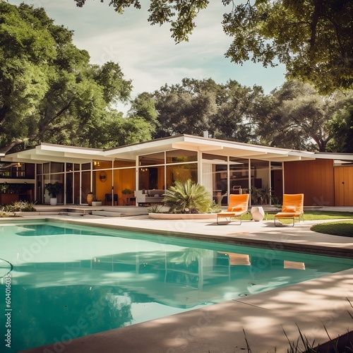 American Mid-Century Modern House Featuring a Swimming Pool. AI