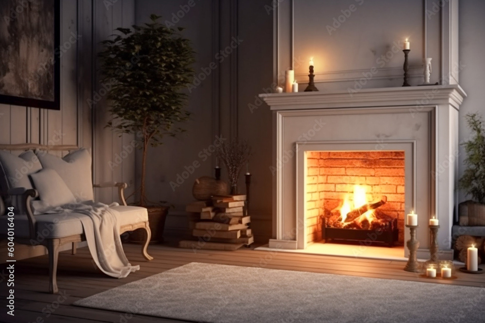Fototapeta premium Modern interior design of the living room with fireplace. Super photo realistic background, generative ai illustration 