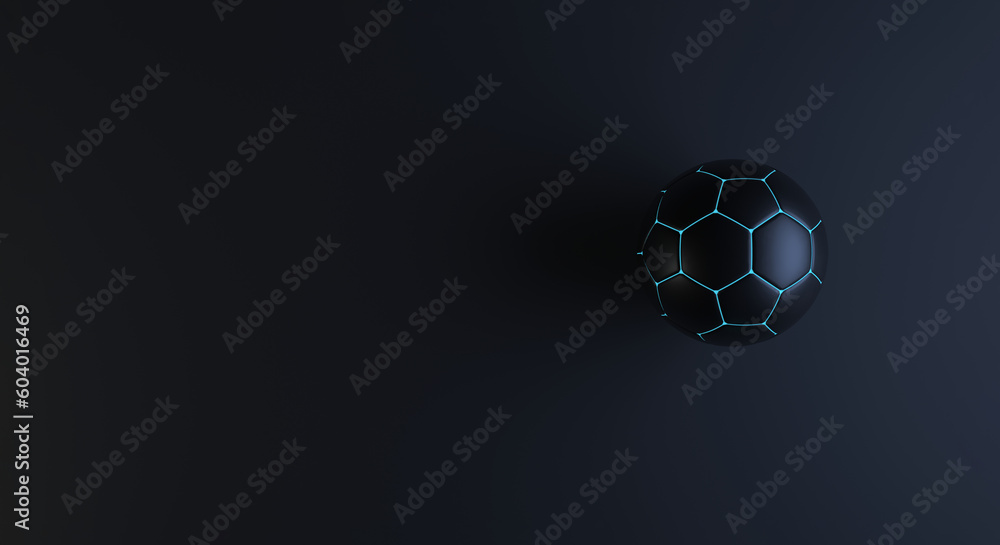 Fototapeta premium black soccer ball with glowing blue lines, black ball with neom light in dark environment, baner for sport, sport flyer (3d illustration)