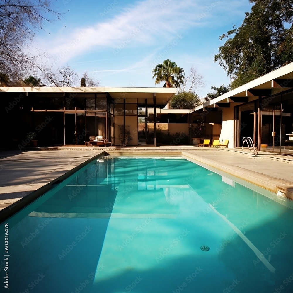 American Mid-Century Modern House Featuring a Swimming Pool. AI