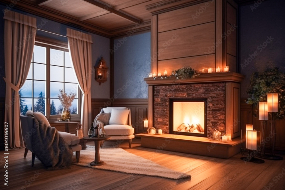 Modern interior design of the living room with fireplace. Super photo realistic background, generative ai illustration Modern interior design of the living room with fireplace. Super photo realistic background, generative ai illustration
