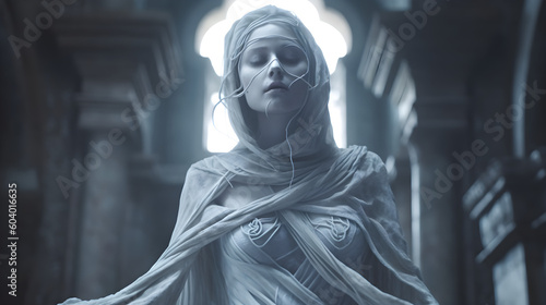 The haunting presence of a banshee within the sacred confines of an ancient temple made with Generative AI