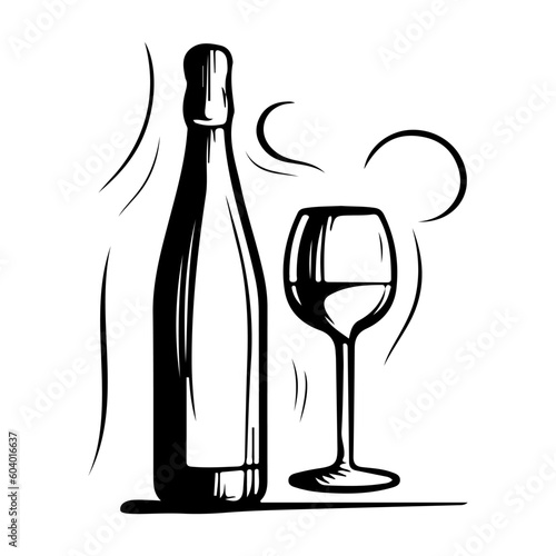 A bottle and a glass of wine illustration, simple icon, silhouette on white background, doodle minimalistic style