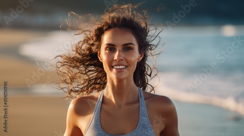 Attractive fit young woman running on Santa Monica Beach boardwalk pacific ocean in background. Generative AI. © GustavsMD