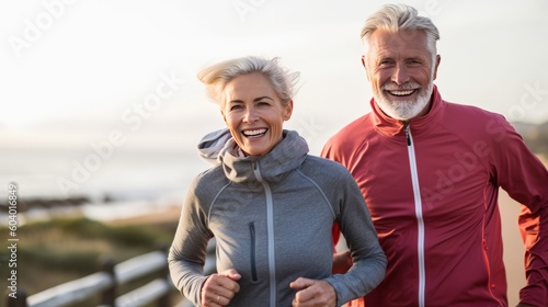 Obraz na płótnie Active fit mature couple running on Santa Monica Beach boardwalk pacific ocean in background