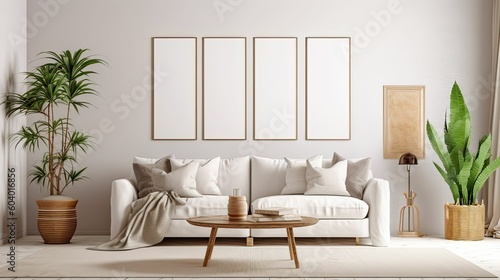 boho-inspired interior living room space with mockup poster frames