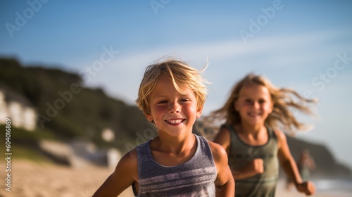 happy children back on beach at sea. Generative AI.
