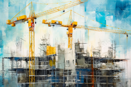 Cranes and construction equipment, scaffolding at a construction site, Yellow color scheme, constructing a buildings. Generative Ai Illustration. 