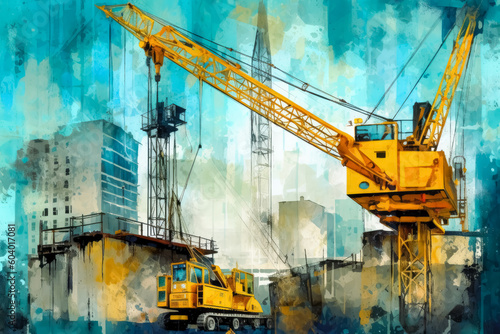 Cranes and construction equipment, scaffolding at a construction site, Yellow color scheme, constructing a buildings. Generative Ai Illustration. 