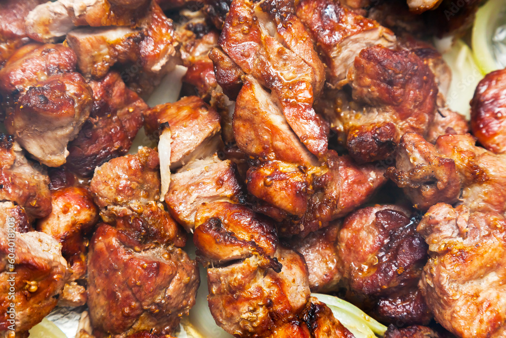Shish kebab pieces with onions. Fried pieces of pork meat. Shish kebab pieces with onions. Fried pieces of pork meat.