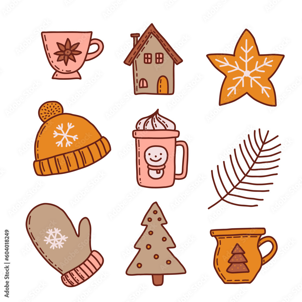 Set of Christmas design element in doodle style Set of Christmas design element in doodle style