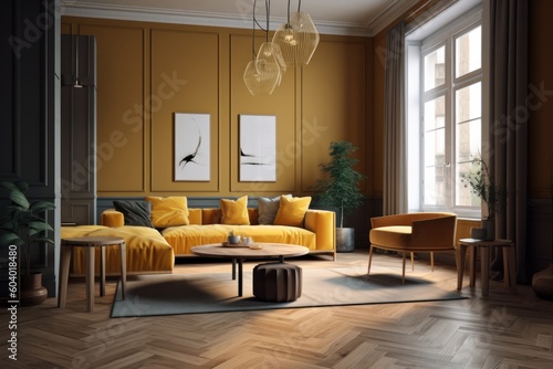 Classic living room with modern sofa, pastel colored walls, large windows, wooden floor. Walls and upholstered furniture in shades of yellow, which is the main color in the room. Generative AI © Georgii