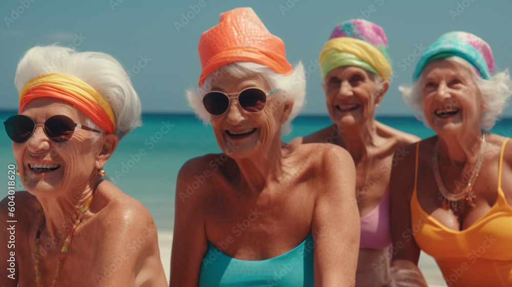 elderly happy women in swimsuits sunbathing, walking along the beach under palm trees, having fun, AI generation