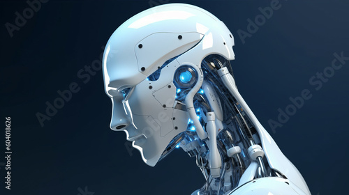 Technology, artificial future futural business banner Panorama - Closeup of robotic people, robot male, robots, side view, isolated on dark blue background with gradient, Generative Ai photo