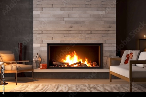 Modern interior design of the living room with fireplace. Super photo realistic background  generative ai illustration 