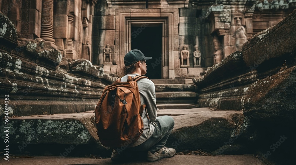 A man from behind sitting on the steps of an ancient temple in a foreign land, with a backpack at his feet and a look of contemplation on his face Generative AI
