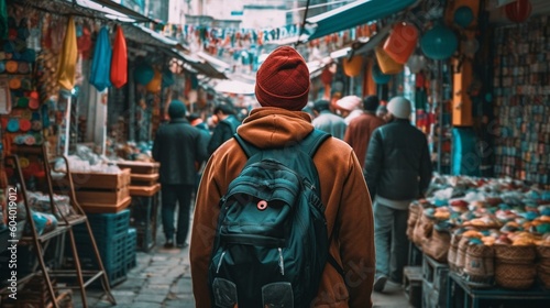 A man from behind walking through a colorful and chaotic street market in a foreign city, with a backpack on his back Generative AI © Maksym
