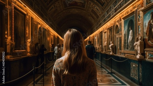 A girl from behind walking through the halls of the Vatican Museum in Rome, with the ornate decorations and priceless art visible in the background Generative AI
