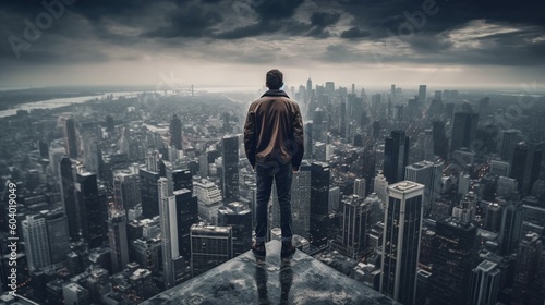 A man from behind standing on the roof of a skyscraper, looking out over a bustling cityscape with a sense of awe and wonder Generative AI