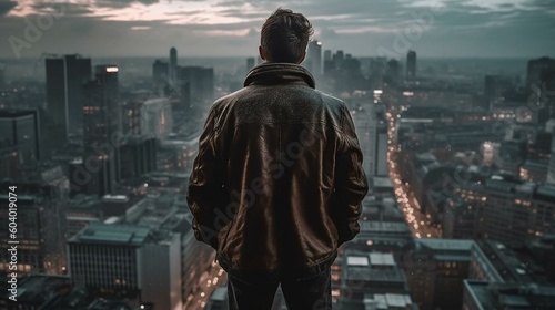A man from behind standing on the roof of a skyscraper, looking out over a bustling cityscape with a sense of awe and wonder Generative AI