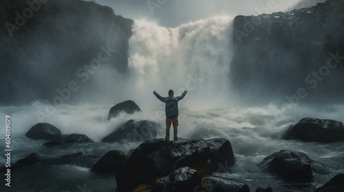 A man from behind standing on a rocky shore next to a powerful waterfall, feeling the mist on his face and arms outstretched Generative AI