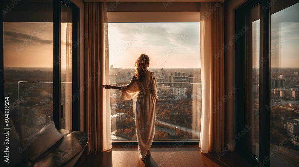 A girl from behind standing on the balcony of a luxurious hotel room, with sweeping views of the surrounding city or countryside Generative AI