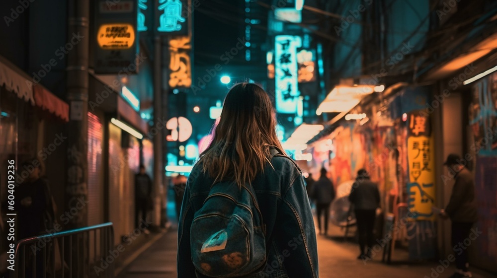 A girl from behind strolling through a bustling city street, with towering skyscrapers and neon lights illuminating the scene Generative AI