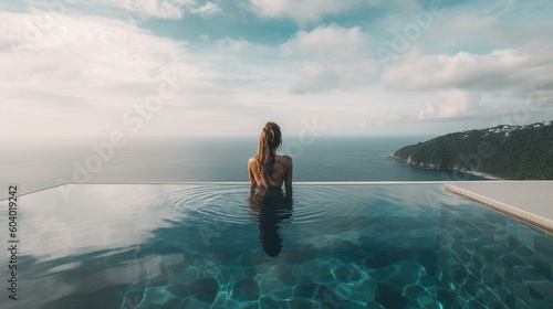 A girl from behind sitting on the edge of a infinity pool, with a stunning ocean view stretching out to the horizon Generative AI