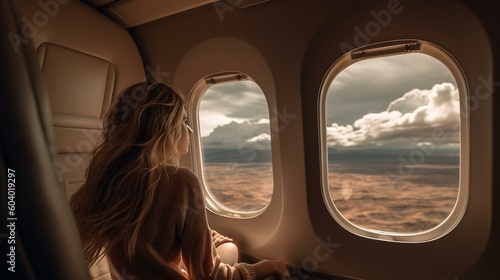 A girl from behind sitting in a private plane, gazing out the window at the stunning cloudscape and landscape below Generative AI