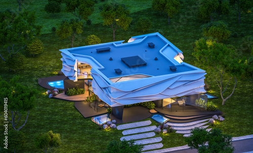 3d rendering of cute cozy modern house with bionic natural curves plastic forms with parking and pool for sale or rent with beautiful landscape. Clear summer night with many stars on the sky