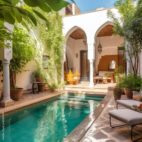Exquisite Riad Patio Featuring a Swimming Pool. AI ©  Creative_studio