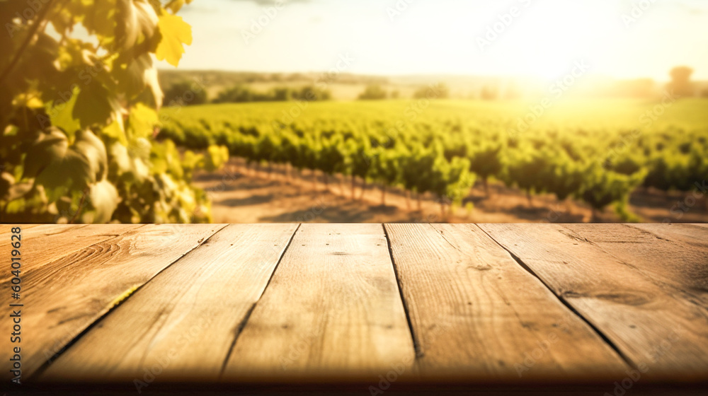 Vineyard in the sunlight with wooden tabletop for product display and presentation. Winemaking, wine cellar showcase. Rustic podium overlooking the grapevines field background. Ai generated Vineyard in the sunlight with wooden tabletop for product display and presentation. Winemaking, wine cellar showcase. Rustic podium overlooking the grapevines field background. Ai generated