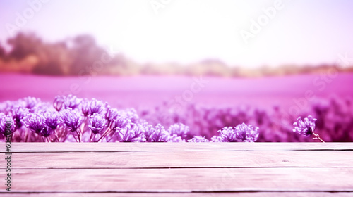 Beautiful lavender field with wooden tabletop for product display and presentation. Rustic podium overlooking the blooming lilac garden in summer background. Ai generated