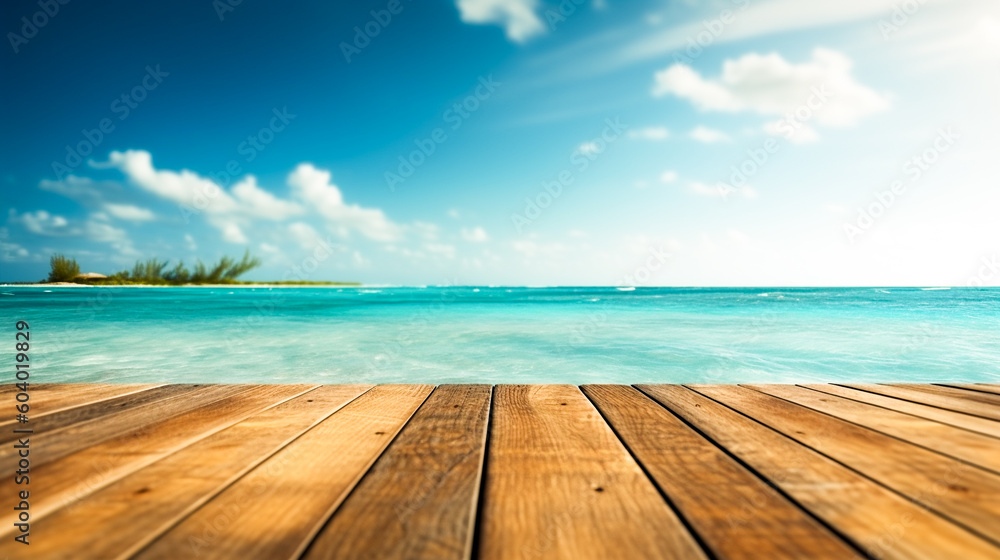 Tropical summer beach with turquoise water and blue sky illustration. Beautiful seascape from deck perspective. Ai generated travel background and exotic holiday banner with ocean or sea view