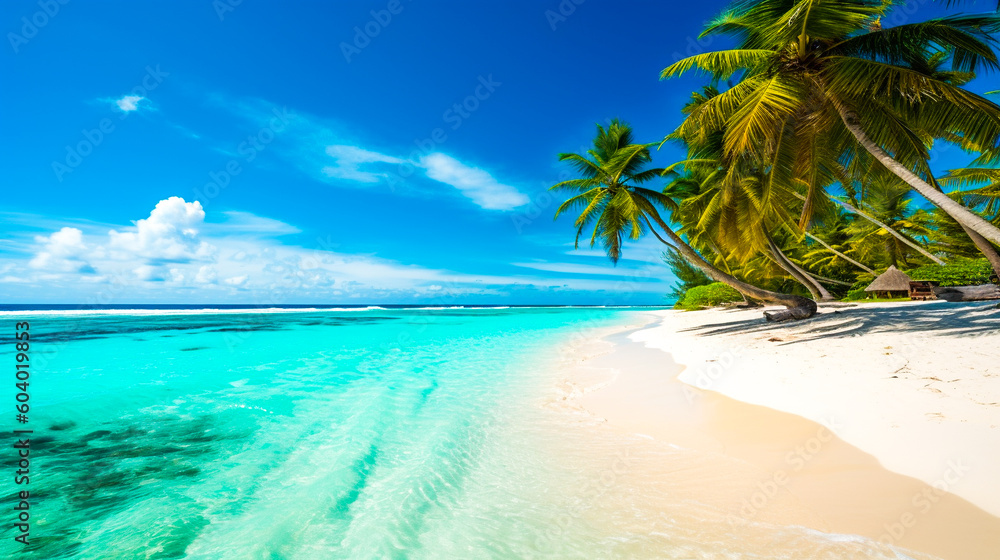 Tropical summer beach with turquoise water and blue sky illustration. Ai generated travel background with beautiful seascape with palms. Exotic destination banner for holidays with ocean or sea view