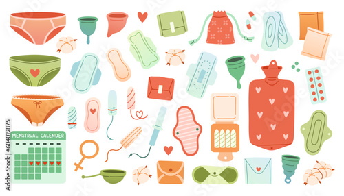Hand drawn menstrual periods set tampon, pads, menstrual cup. Female regular menstrual cycle concept.
