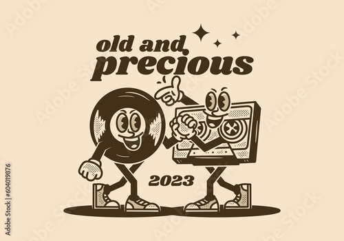 Mascot character illustration of tape cassette and vinyls shaking hands