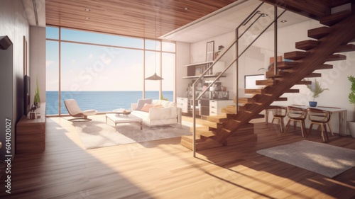 The interior of a bright living room in a house by the sea with a sofa, armchair and TV on the wall. Wooden staircase to the second floor. Panoramic windows with a beautiful view of the Generative AI © Georgii