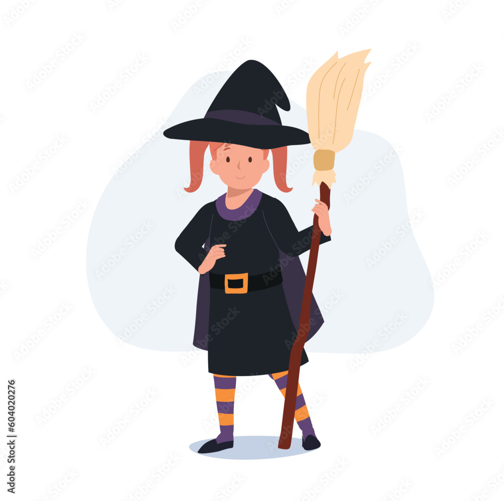 little cute girl in colorful halloween costumes as witch. Happy Halloween trick or treat. Flat Vector cartoon illustration little cute girl in colorful halloween costumes as witch. Happy Halloween trick or treat. Flat Vector cartoon illustration