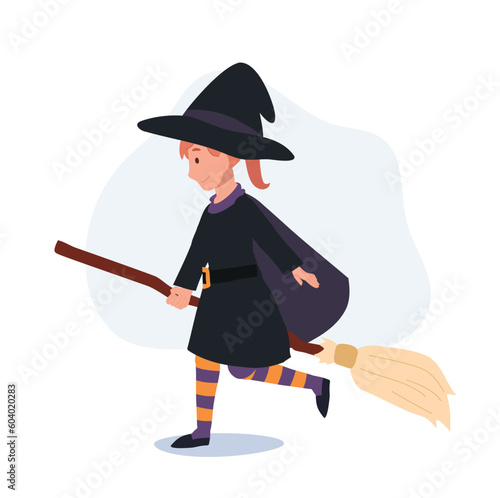 little cute girl in colorful halloween costumes as witch. Happy Halloween trick or treat. Flat Vector cartoon illustration