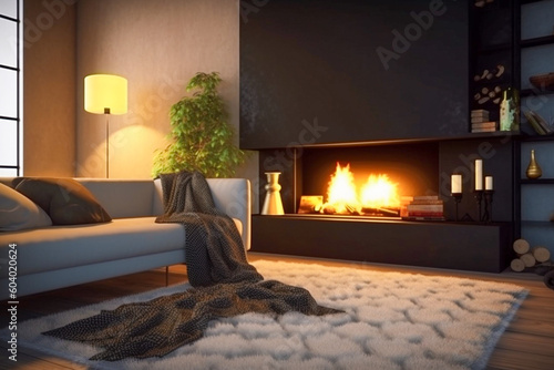 Modern interior design of the living room with fireplace. Super photo realistic background, generative ai illustration 
