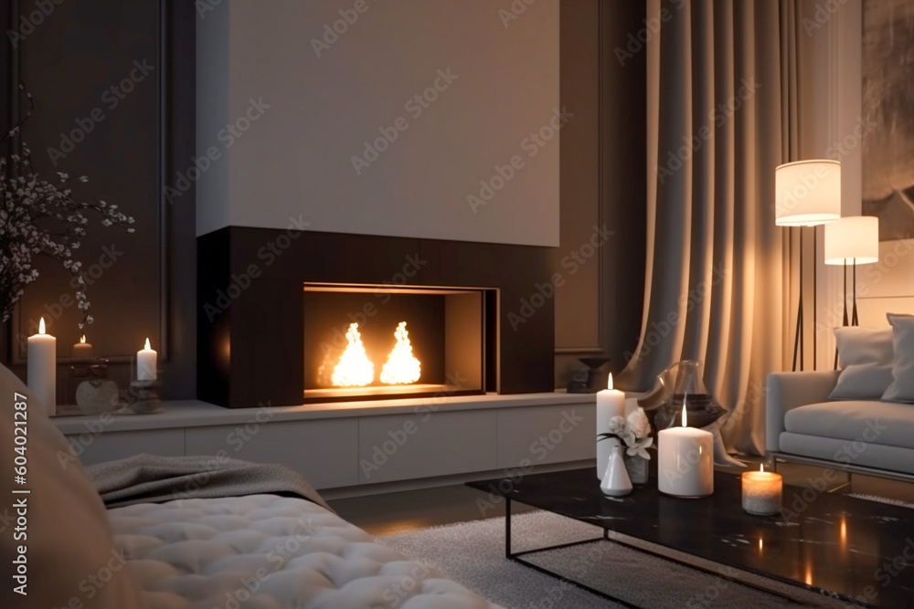 Fototapeta premium Modern interior design of the living room with fireplace. Super photo realistic background, generative ai illustration 