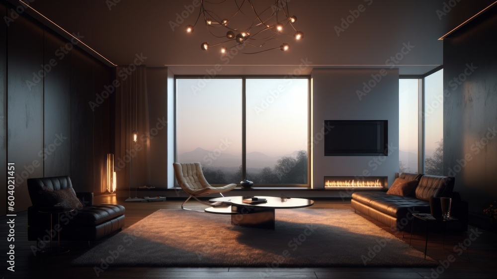 The living room of a modern luxury apartment with leather sofas and an armchair, a bio-fireplace and a huge TV on the wall, panoramic windows with stunning views of the mountains and the Generative AI The living room of a modern luxury apartment with leather sofas and an armchair, a bio-fireplace and a huge TV on the wall, panoramic windows with stunning views of the mountains and the Generative AI