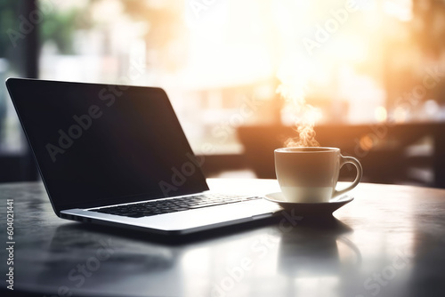 Laptop and Coffee Cup on Blurred Cafes Table Background. Freelance working concept. Generative AI.