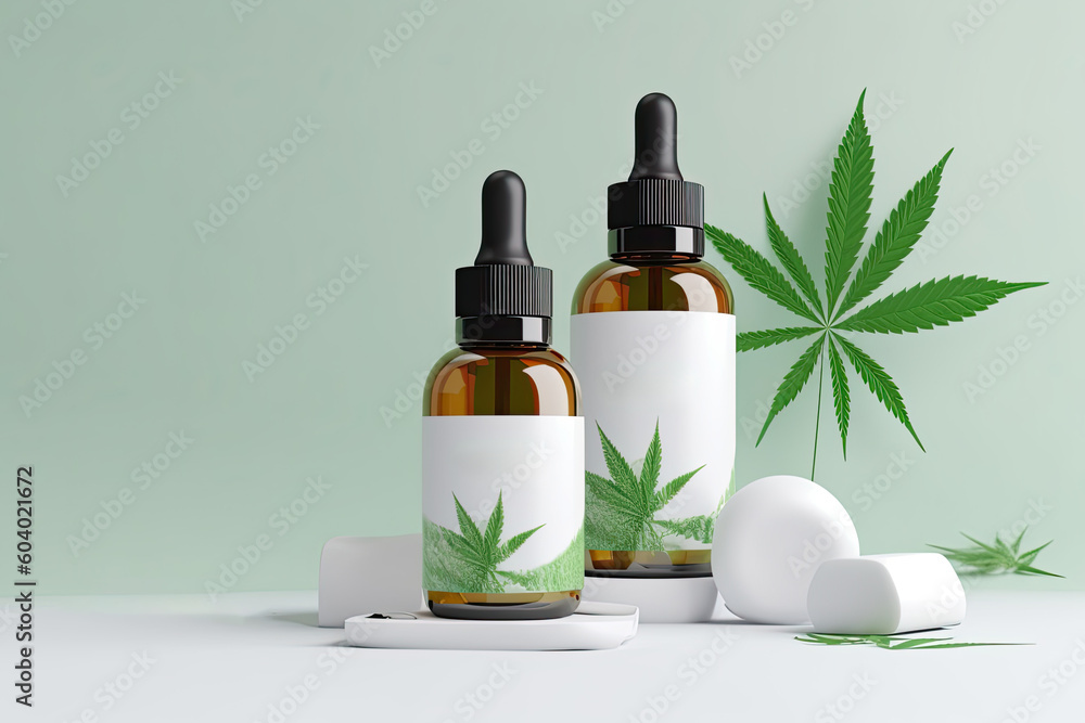 Medicinal cannabis oil extracts in jars and green cannabis leaves, alternative medicine. Different glass bottles with CBD OIL. AI generative Medicinal cannabis oil extracts in jars and green cannabis leaves, alternative medicine. Different glass bottles with CBD OIL. AI generative
