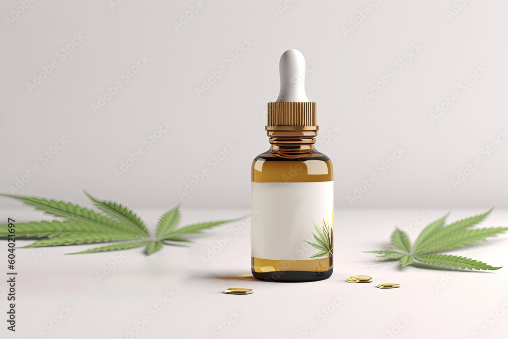 Medicinal cannabis oil extracts in jars and green cannabis leaves, alternative medicine. Different glass bottles with CBD OIL. AI generative Medicinal cannabis oil extracts in jars and green cannabis leaves, alternative medicine. Different glass bottles with CBD OIL. AI generative