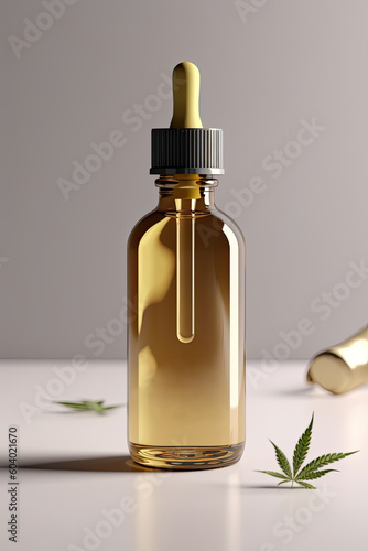 Medicinal cannabis oil extracts in jars and green cannabis leaves, alternative medicine. Different glass bottles with CBD OIL. AI generative