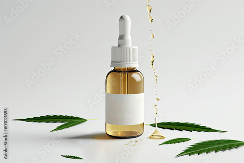Medicinal cannabis oil extracts in jars and green cannabis leaves, alternative medicine. Different glass bottles with CBD OIL. AI generative